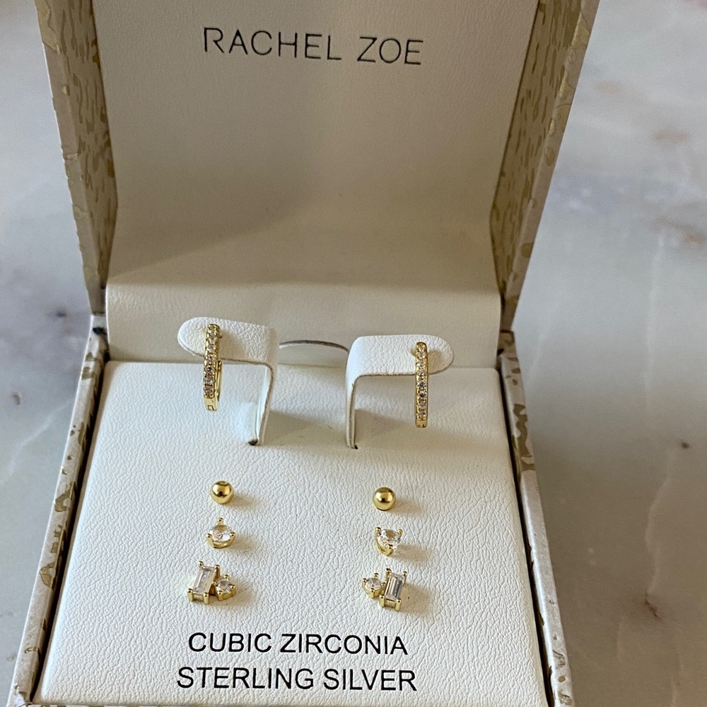 NWT Rachel Zoe Cubic Zirconia Sterling Silver Earrings Set of 4